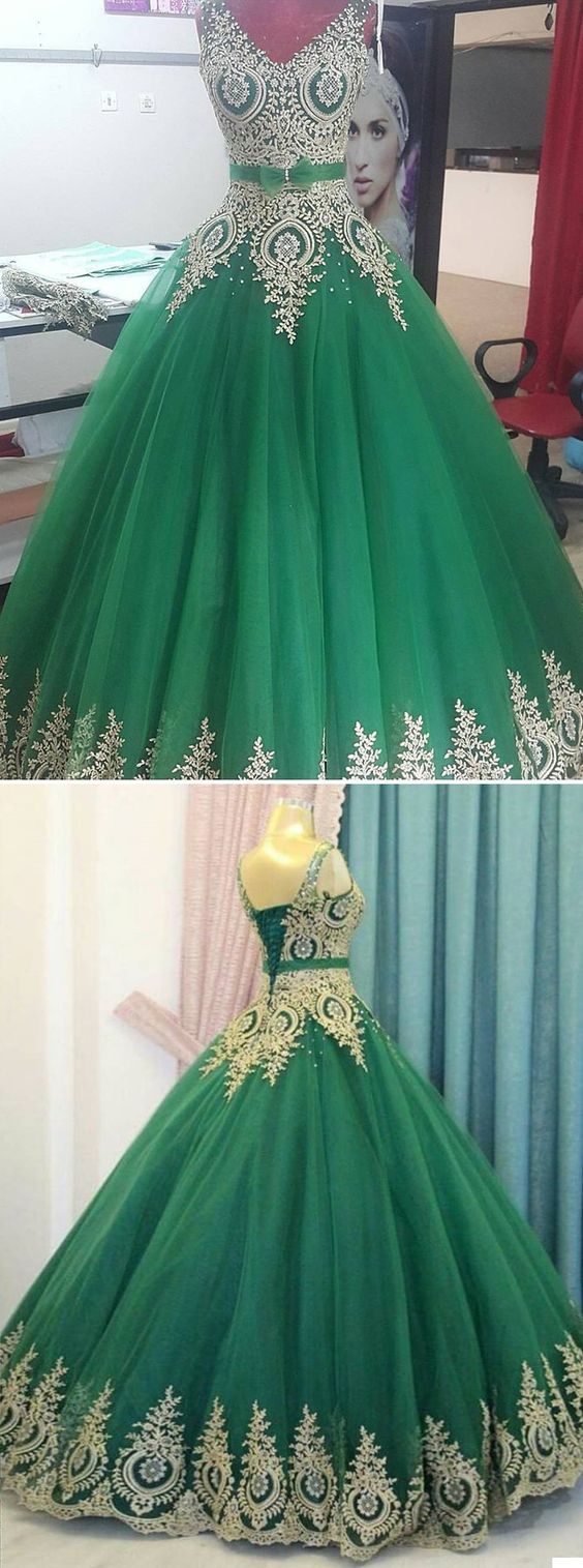 Ball Gowns Green Tulle Wedding Quinceanera Dresses ,gold Lace Appliqued Pricess Quinceanera Party Gowns, Sexy Women Party Gowns ,
