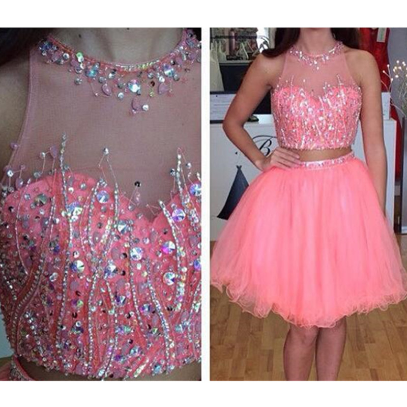 Luxury Pink Beaded Crystal Short Prom Dress Two Pieces Tulle Mini Homecoming Dress Fashion Girls 16 Graduation Gowns .strapless Tulle Party Gowns