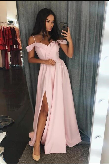 Pink Satin Long Prom Dress With Spaghetti Strap Formal Evening Dress With Slit , Girls Pnk Dress .