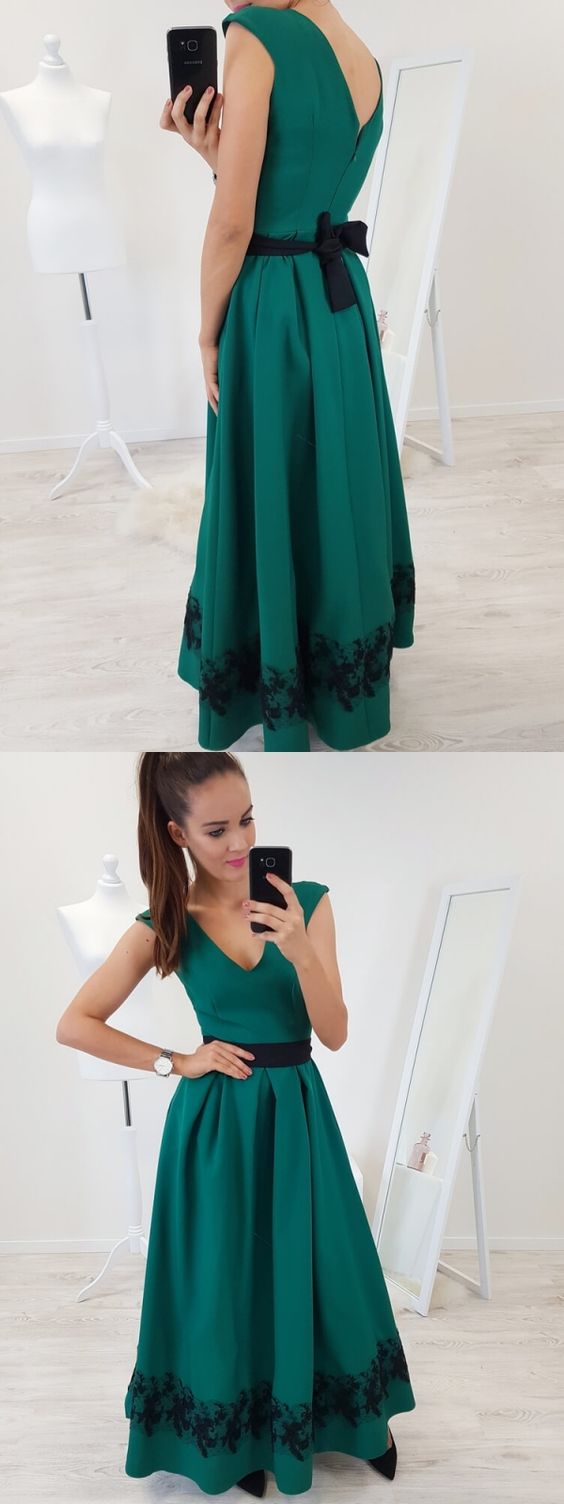 A-line V-neck Cap Sleeves Floor-length Dark Green Prom Dress With Lace Pleats ,sexy Long Prom Party Dresses