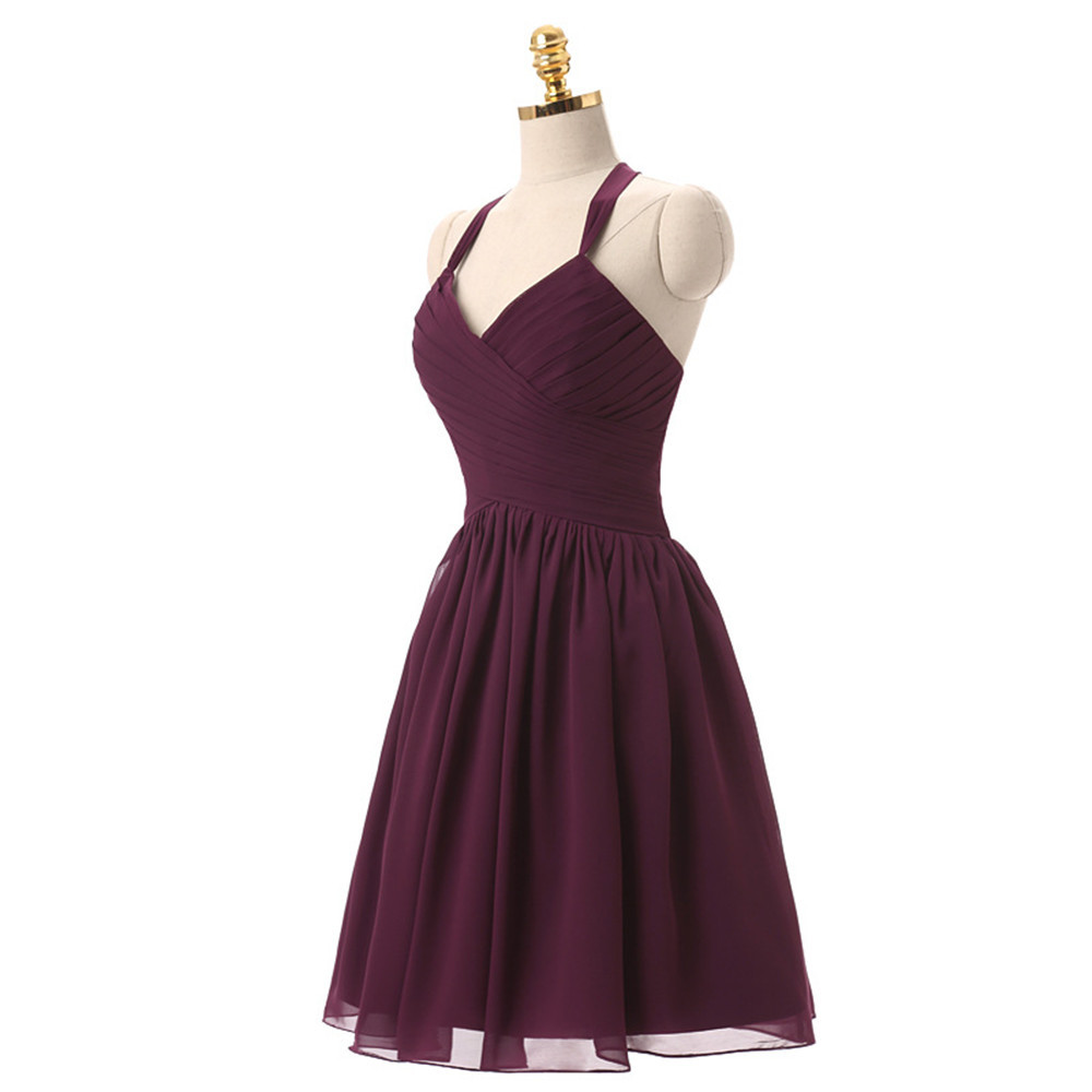 Elegant Halter Burgundy Chiffon Short Homecoming Dress, Girls 16 Prom Dress Mini . Women Party Gowns