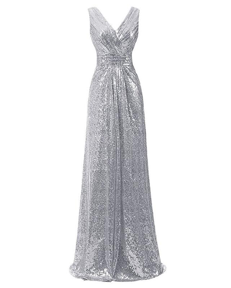 Shiny Gray Sequin Long Prom Dress, A Line Bridesmaid Dresses, Wedding Party Gowns .