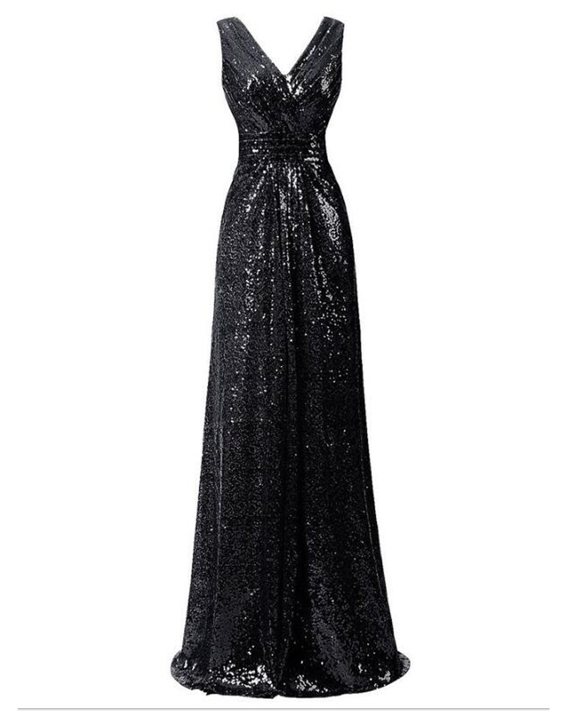 Black V-neck Sequin Long Prom Dresses A Line Evening Party Gowns ,plus Size Women Pageant Dress