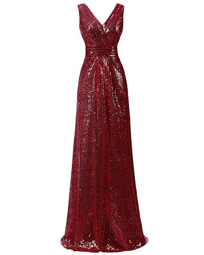 Plus Size Wine Sequin Formal Prom Dress Fashion Women Party Dress A Line Summer Gowns ,v-neck Evening Dress Fashion Bridesmaid Dresses