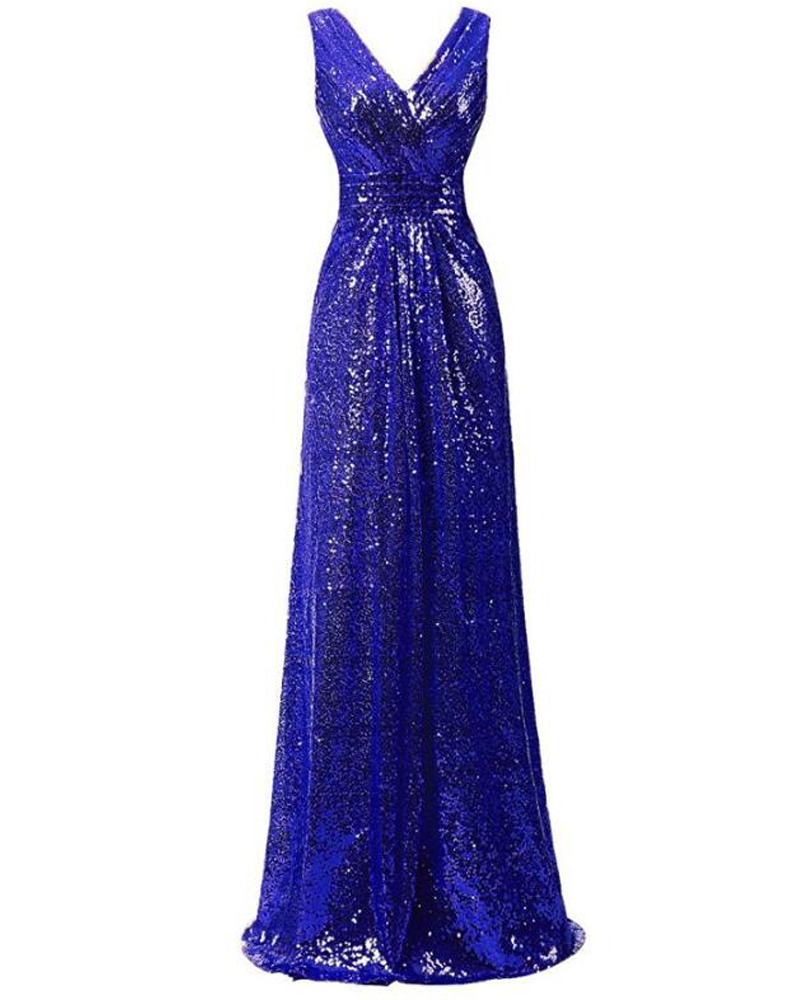 Plus Size Royal Blue Sequin Formal Prom Dress Fashion Women Party Dress A Line Summer Gowns ,v-neck Evening Dress Fashion Bridesmaid Dresses