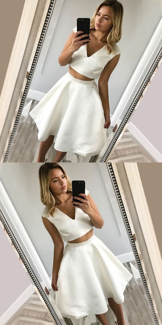 A Line White Two Pieces Homecoming Dress 2018 Plus Size Satin Prom Party Gowns