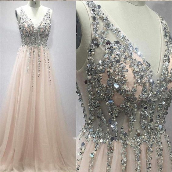 Women Beaded Blush Pink Tulle Prom Dresses ,fashion Women Party Dresses