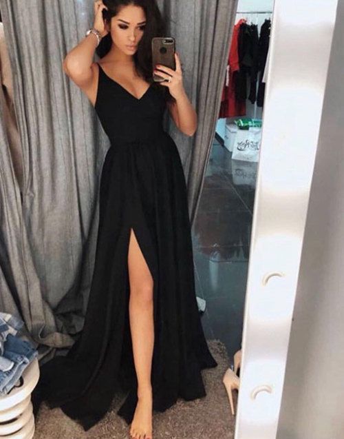 Black Chiffon Long Prom Dresses With Slit Fashion Women Prom Gowns V-neck Formal Party Dress