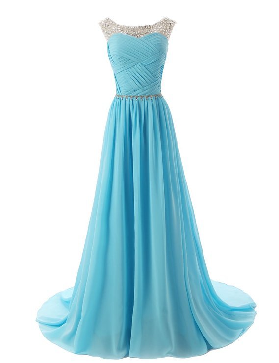 Vintage Beaded Scoop Long Prom Dresses Ruffle Fashion Women Party Gowns ,wedding Guest Gowns .a Line Prom Dress Sky Blue