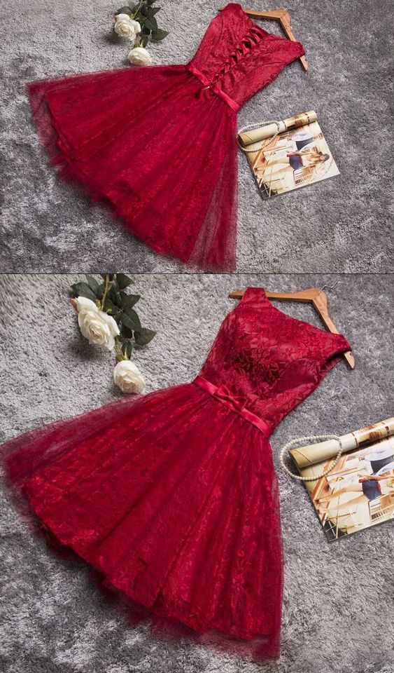 Burgundy Tulle A Line Scoop Short Homecoming Dresses , Short Pageant Gowns Women , Cocktail Dress