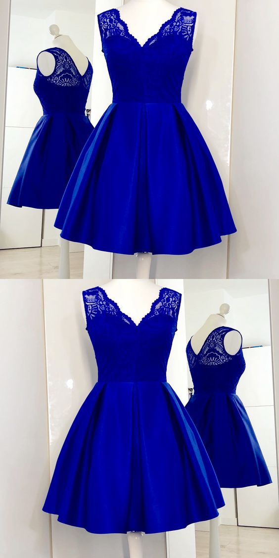 A Line Sexy V-neck Royal Blue Lace Short Homecoming Dress Knee- Length Women Pageant Dresses