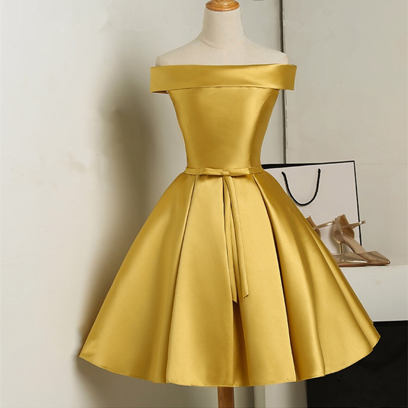 Gold Satin Short Bridesmaid Dress, A Line Satin Short Homecoming Party Gowns .
