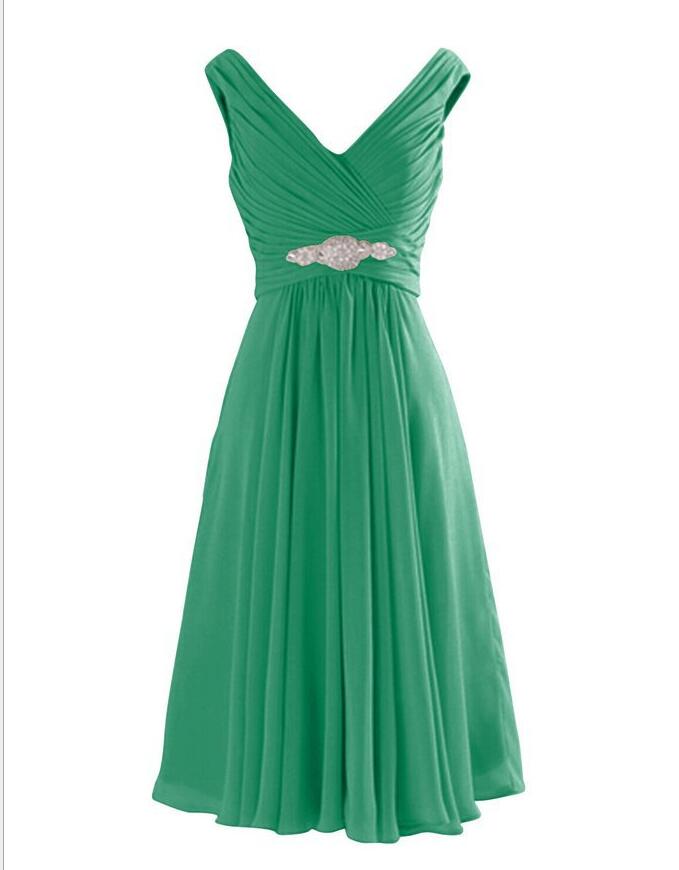 Sexy V-neck Ruffle Green Chiffon Short Homecoming Dresses Knee Length Beaded Sash Mini Bridesmaid Gowns