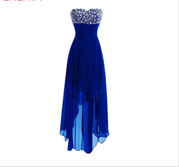 A Line Crystal Beaded Royal Blue High Low Prom Dresses, Women Party Gowns .hi-ho Homecoming Dress