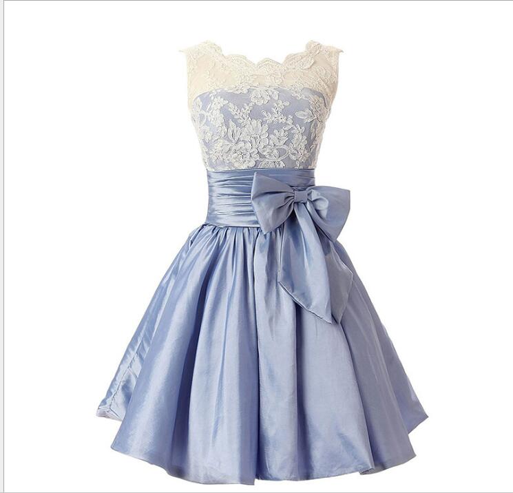 A Line White Lace Corset Homecoming Dress With Bow ,light Blue Satin Short Homecoming Dresses,short Party Gowns