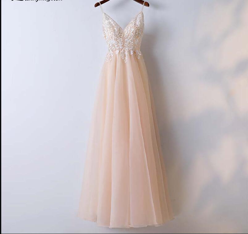 Vintage Champagne Tulle Long Prom Dresses With Spaghetti Straps Formal Evening Dress , Lace Women Gowns