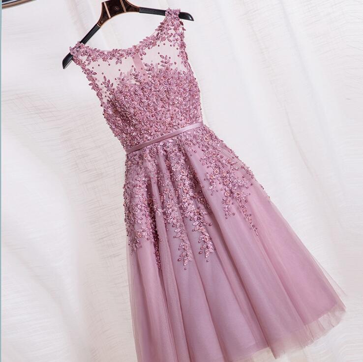 A Line Lace Appliqued Pearls Short Homecoming Dresses Fashion Women Pageant Gowns ,sexy O-neck Pink Tulle Short Homecoming Gowns