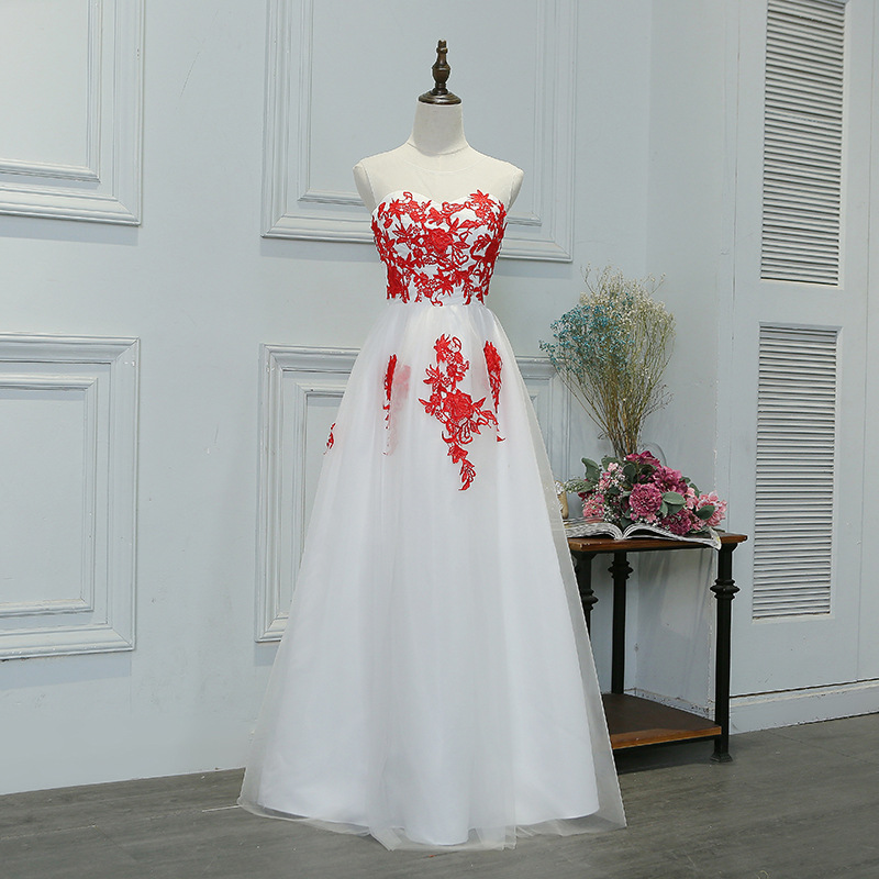 White Tulle Formal Prom Dress With Red Lace Appliqued 2019 Sexy A Line Long Evening Prom Gowns