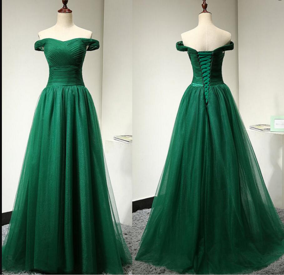 Off Shoulder Green Tulle Ruffle Long Prom Dresses Fashion Women Evening Party Gowns A Line