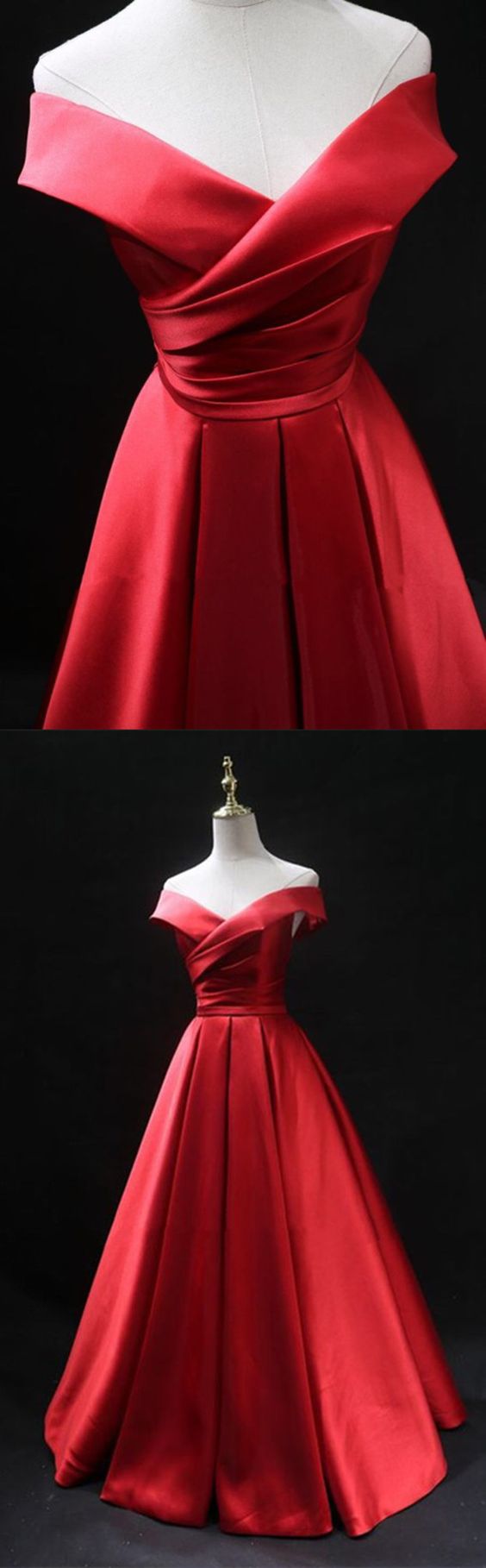 Sexy A Line Red Satin Ruffle Formal Prom Dress Off Shoulder Long Prom Party Gowns .fashion Women Evening Dress