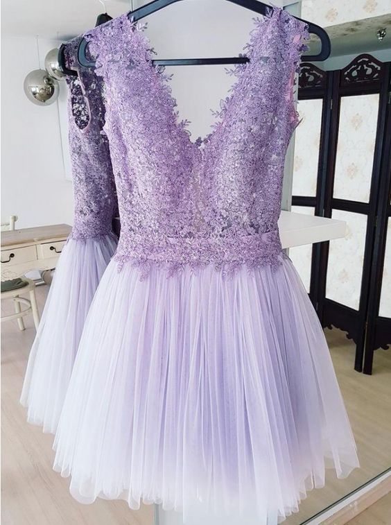 Sexy Lavender Lace Short Homecoming Dresses A Line Women Prom Gowns Short, Tulle Party Gowns