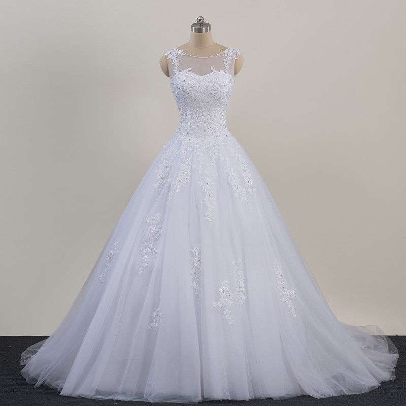 White Tulle Scoop Lace Wedding Dress With Ball Gown Fashion Women Bridal Gowns