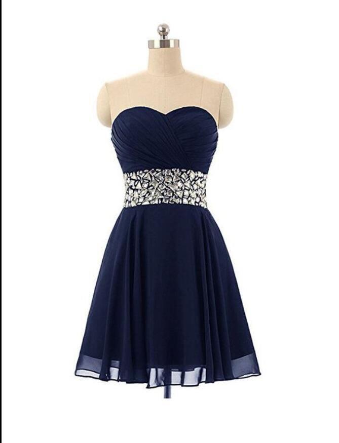A Line Navy Blue Chiffon Short Homecoming Dress Crystal Beaded Mini Prom Gowns , Women Party Gowns