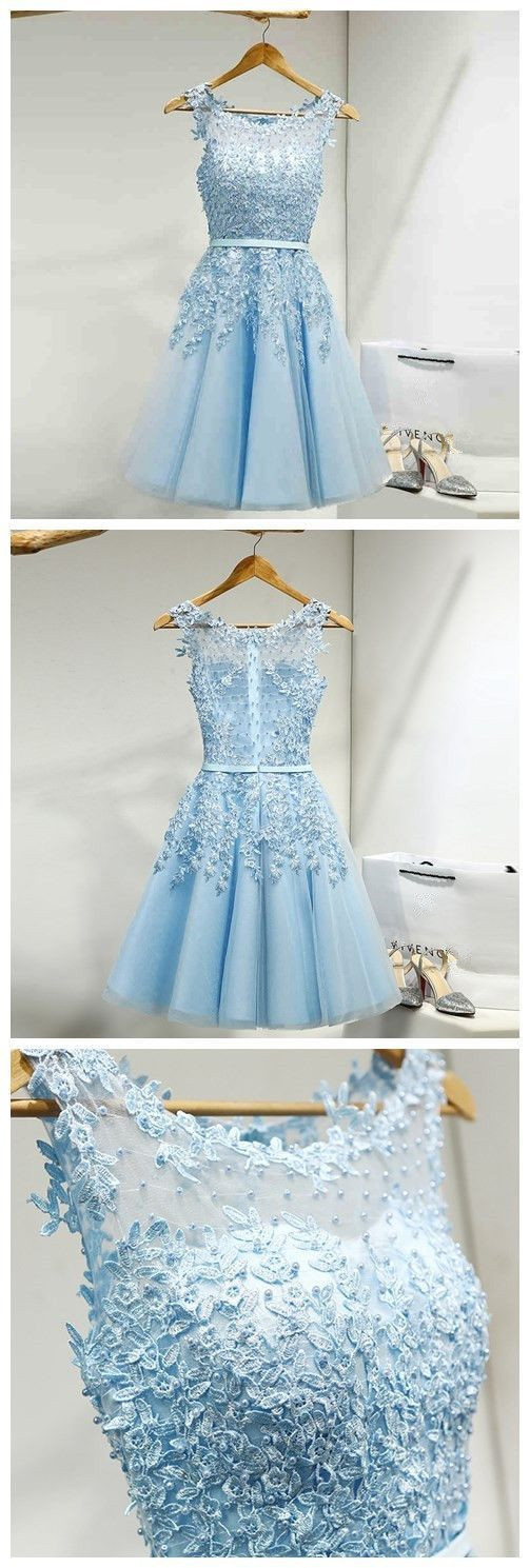 Sky Blue O-neck Lace Prom Dress Short Lace Beaded Mini Homecoming Dresses With Sash , Women Party Gowns