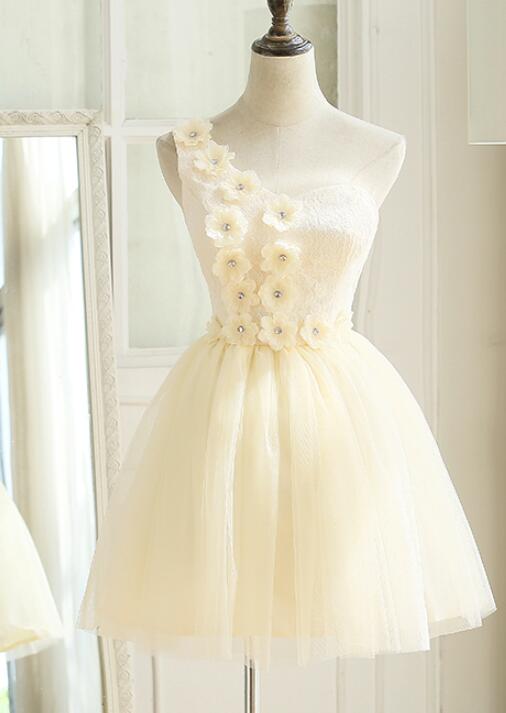 One Shoulder Light Champage Organza Short Homecoming Dress A Line Party Gowns With Flowers