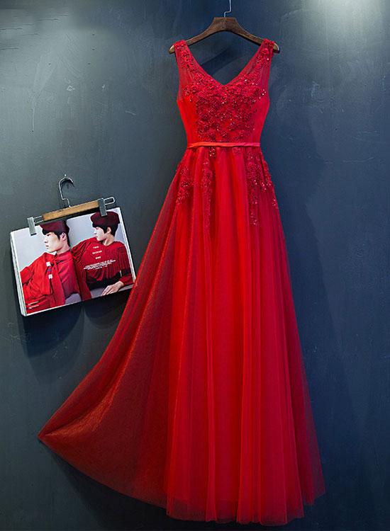 Newly Red Tulle Long Prom Dress, Sexy Backless Prom Dresses, Fashion Women Evening Sress, A Line Prom Dresses