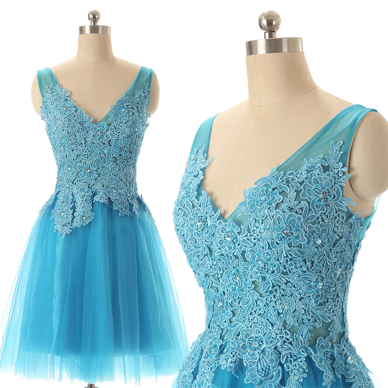 Blue Lace Appliqued Beaded Lace Prom Dress Short, Sexy V-neck Short Homecoming Dress, Women Cocktail Party Dress Mini