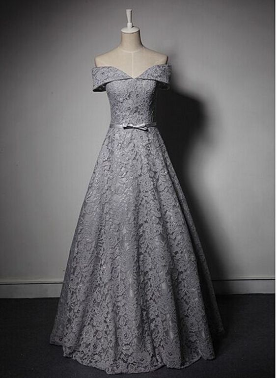 Gray Lace Long Prom dress, Off Shoulder Cheap Prom Dresses, Sexy A lINE Women Party Dress, Fashion Formal Evening Dress 