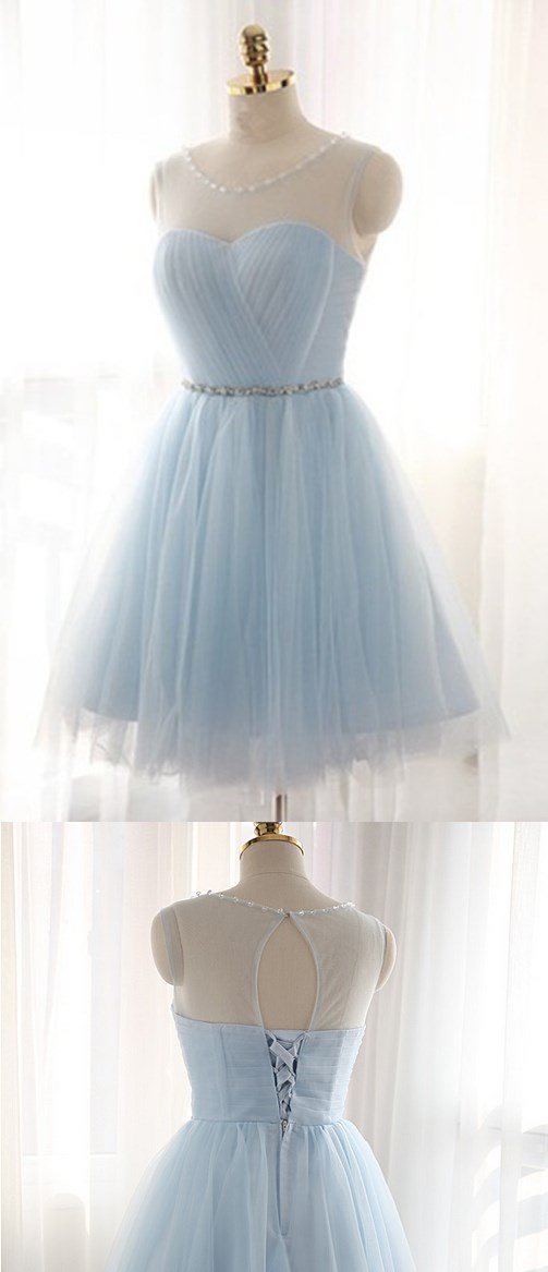 Light Blue Beaded Tulle Short Prom Dress O-neck Sheer Mini Cocktail Homecoming Dresses