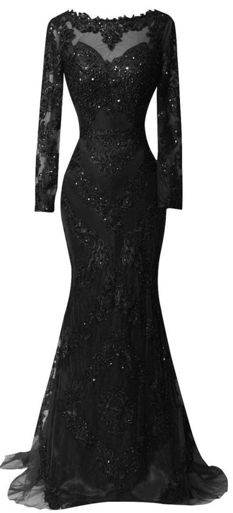 Vintage Black Lace Long Sleeve Formal Evening Dress Mermaid Beaded O-neck Women Prom Dresses Wedding Party Gowns