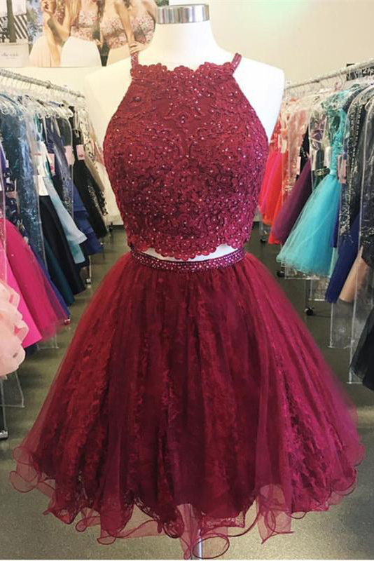 Shiny Two Pieces Beaded Lace Homecoming Dress, A Line Tulle Burgundy Short Prom Gowns , Sexy Women Party Gowns