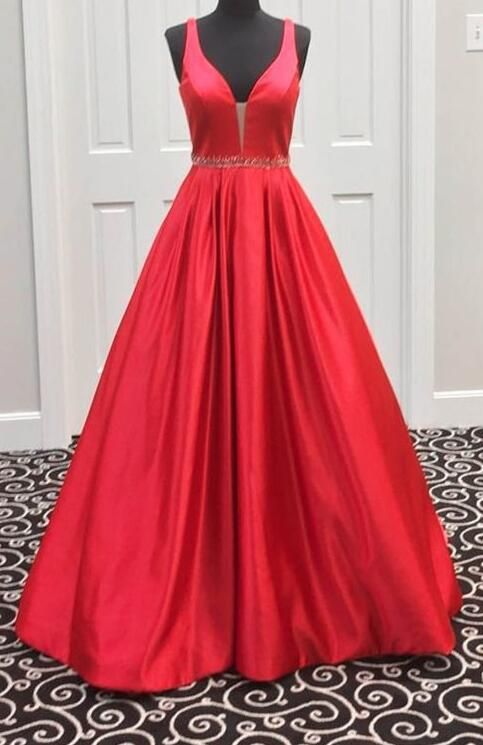 Red Satin Long Prom Dress 2019 Fashion A Line Crew-neck Women Evening Dress, Off Shoulder Prom Gowns Plus Size