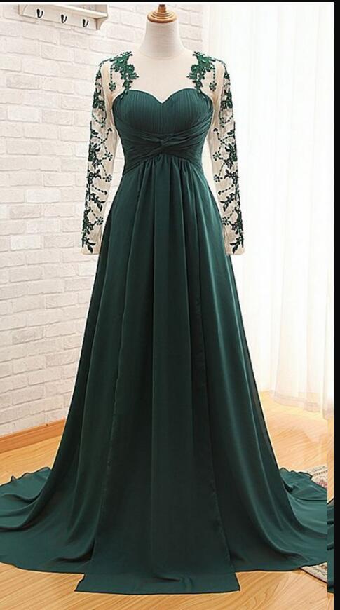 Long Lace Sleeve A ;ine Prom Dress Dark Green Ruffle Formal Women Gowns , Prom Gowns Sweep Train Women Dress