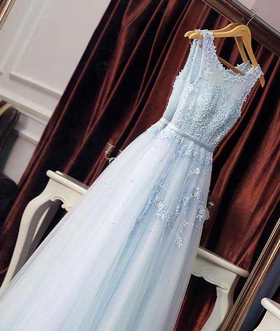 Floor Length Sky Blue Lace Prom Dress Long A Line Women Evening Gowns , Sexy Fashion Pageant Gowns