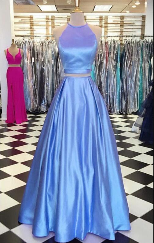 Simple Two Pieces Sky Blue Long Prom Dress High Neck Women Prom Gowns , Evening Dress