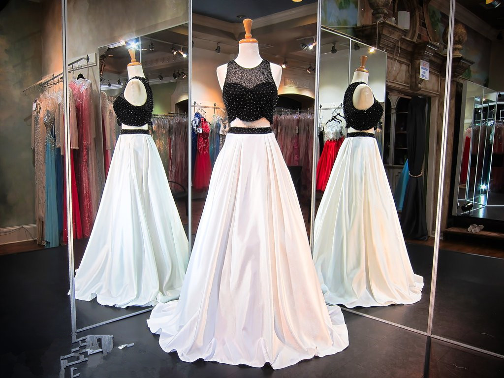 Luxury Beaded White And Black Long Prom Dress Women Party Gowns A Line Wedding Pageant Gowns ,sexy A Line Prom Gowns