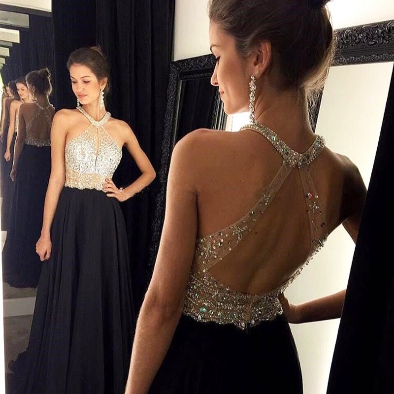 Shiny Beaded Crystal Black Chiffon Halter Long Prom Dress A Line Formal Prom Dress, Women Pageant Gowns