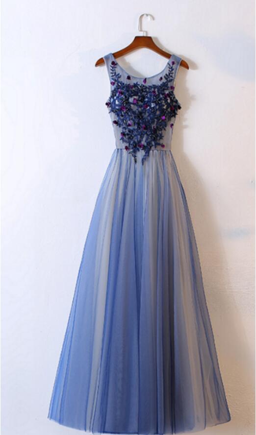 Sexy A Line Blue Long Prom Dress Off Shoulder Women Party Gowns , Elegant Formal Party Gowns