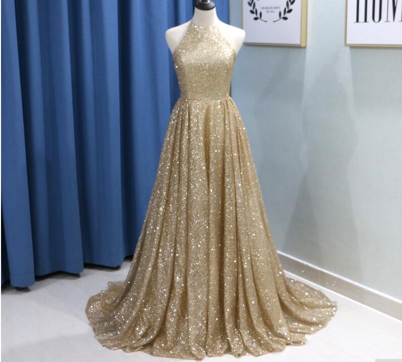 Gold Sequin Formal Evening Dress Yousef Aljasmi Arabic Halter Long Prom Dress A Line Women Pageant Gowns