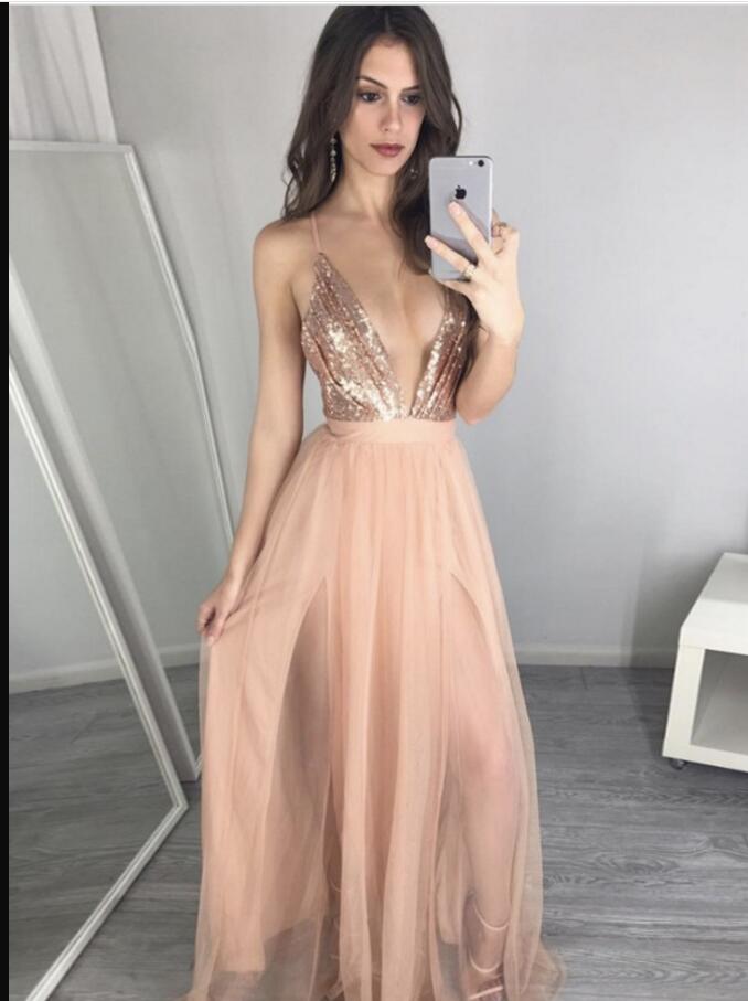 Deep V-neck Blush Pink Sequin Formal Prom Dress A Line Long Prom Gowns , Evening Gowns Plus Size
