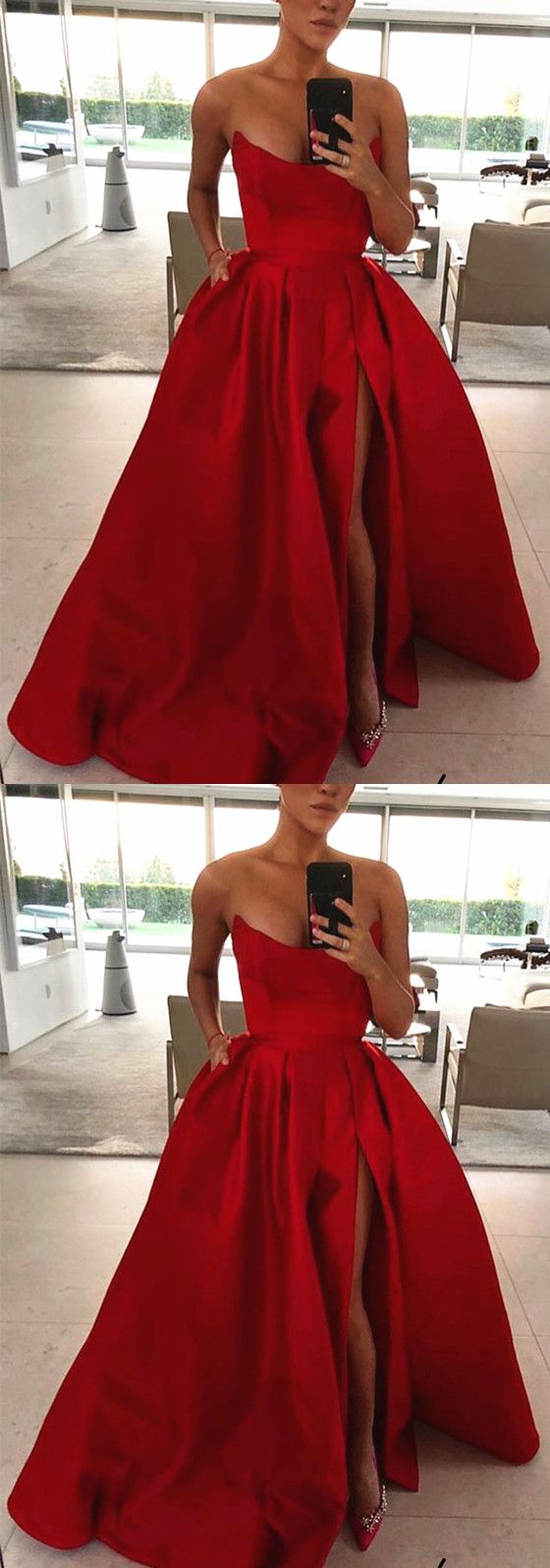 Off Shoulder Side Split Long Prom Dress Ball Gown Fashion Crew-neck Women Pricess Evening Party Gowns , Plus Size Satin Formal Party Gowns