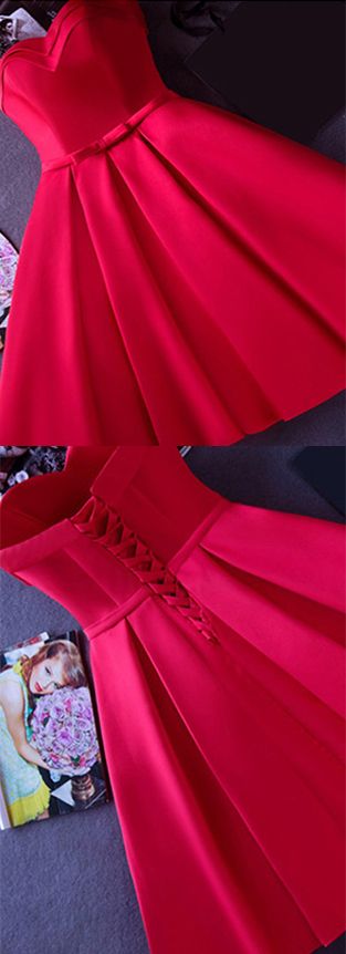 Sweet 16 Prom Dress Short Fashion Red Satin Mini Homecoming Party Dress , Lace Up Cocktail Dress Short