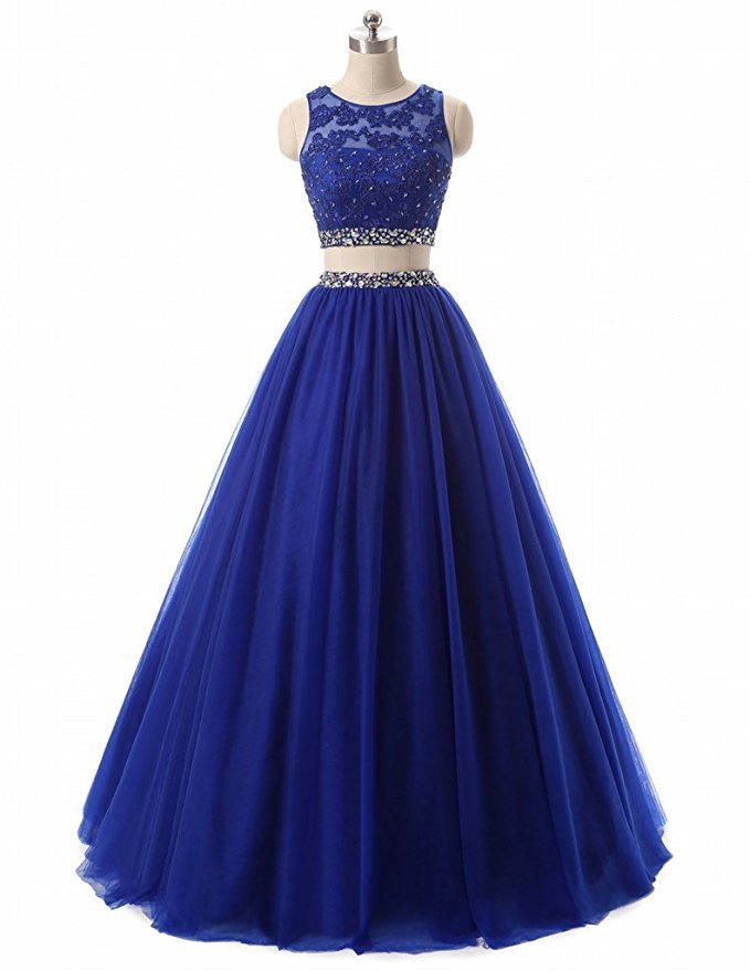 Stunning Royal Blue Two Pieces Lace Prom Dress A Line Beaded Long Prom Gowns ,sexy Women Evening Dresses