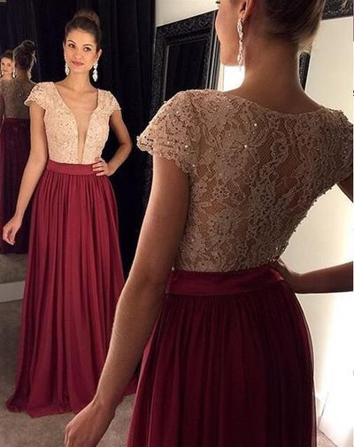 Women Top Lace Beaded Deep V-neck Sheer Long Prom Dress With Caped Sleeve Burgundy Chiffon Prom Gowns