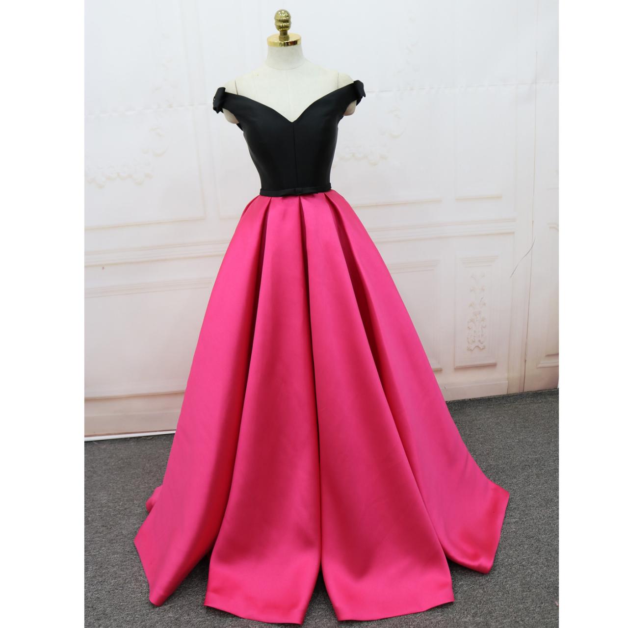 Black And Fuchsia Satin V-neck Ruffle Women Prom Dresses Off Shoulder Prom Party Gowns