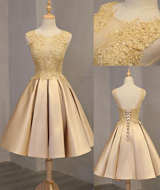 Sexy Backless Gold Lace Short Prom Dress With Appliqued Fashion Women Mini Cocktail Party Gowns ,2019 Short Cocktail Gowns